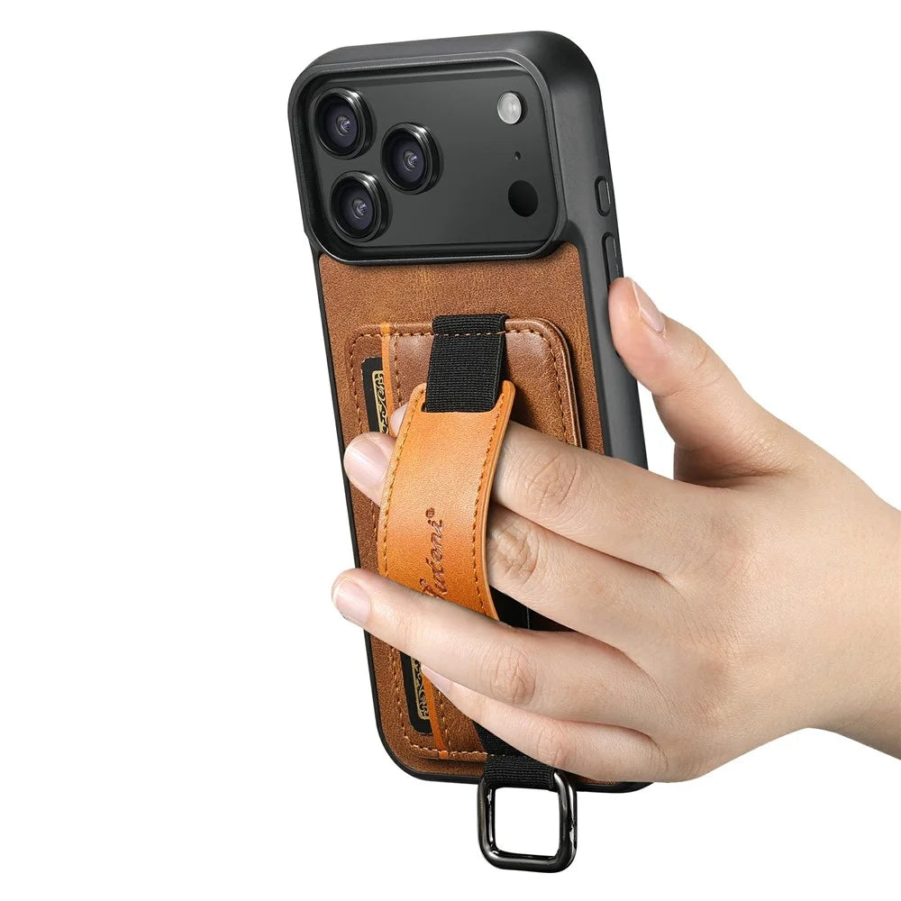 SUTENI H13 For iPhone 17 Pro Max Case Card Holder Wristband Waxy Texture Leather + TPU + PC Cover - Brown - 4