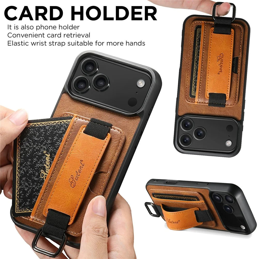 SUTENI H13 For iPhone 17 Pro Max Case Card Holder Wristband Waxy Texture Leather + TPU + PC Cover - Brown - 7