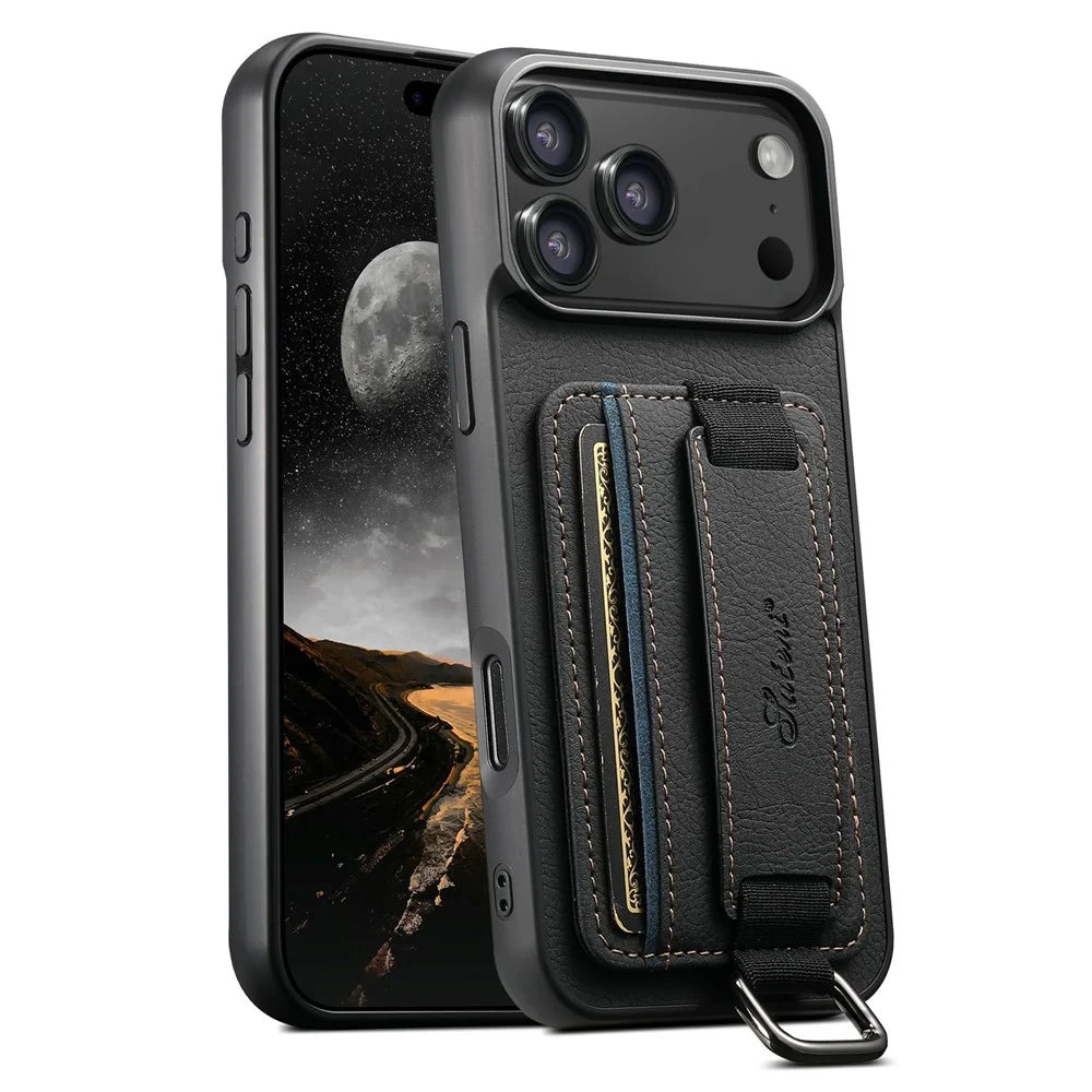 SUTENI H13 For iPhone 17 Pro Max Case Litchi Texture Leather + TPU + PC Phone Cover with Card Holder Kickstand - Black - 1