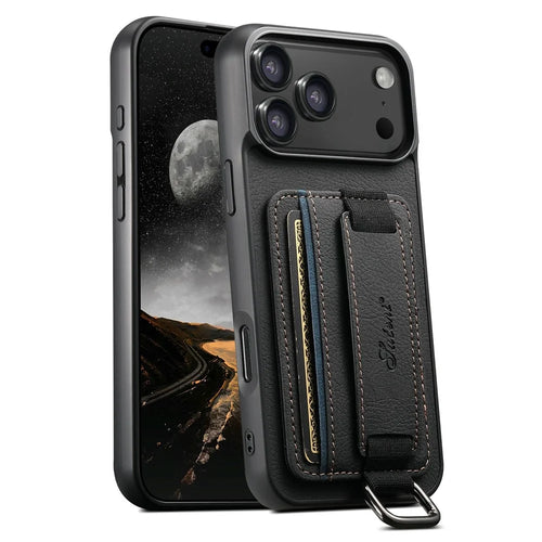 SUTENI H13 For iPhone 17 Pro Max Case Litchi Texture Leather + TPU + PC Phone Cover with Card Holder Kickstand - Black - 1