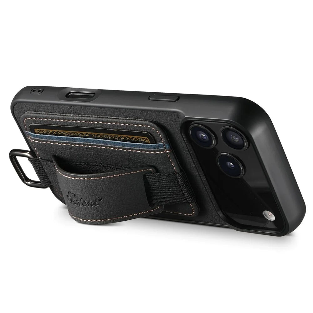SUTENI H13 For iPhone 17 Pro Max Case Litchi Texture Leather + TPU + PC Phone Cover with Card Holder Kickstand - Black - 2