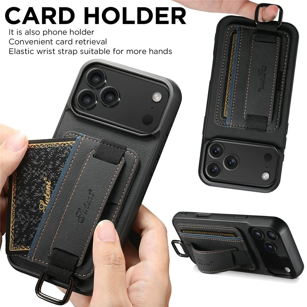 SUTENI H13 For iPhone 17 Pro Max Case Litchi Texture Leather + TPU + PC Phone Cover with Card Holder Kickstand - Black - 7