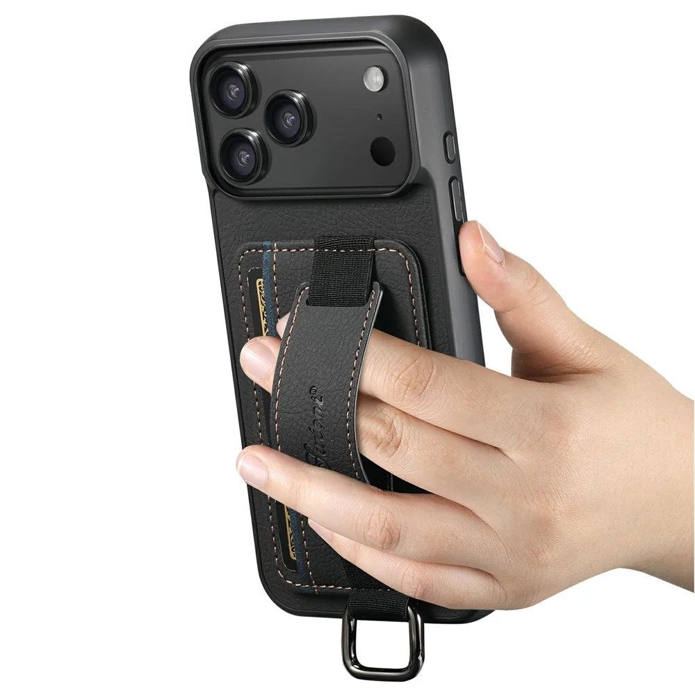 SUTENI H13 For iPhone 17 Pro Case Litchi Texture Leather + TPU + PC Phone Cover with Card Holder Kickstand - Black - 3