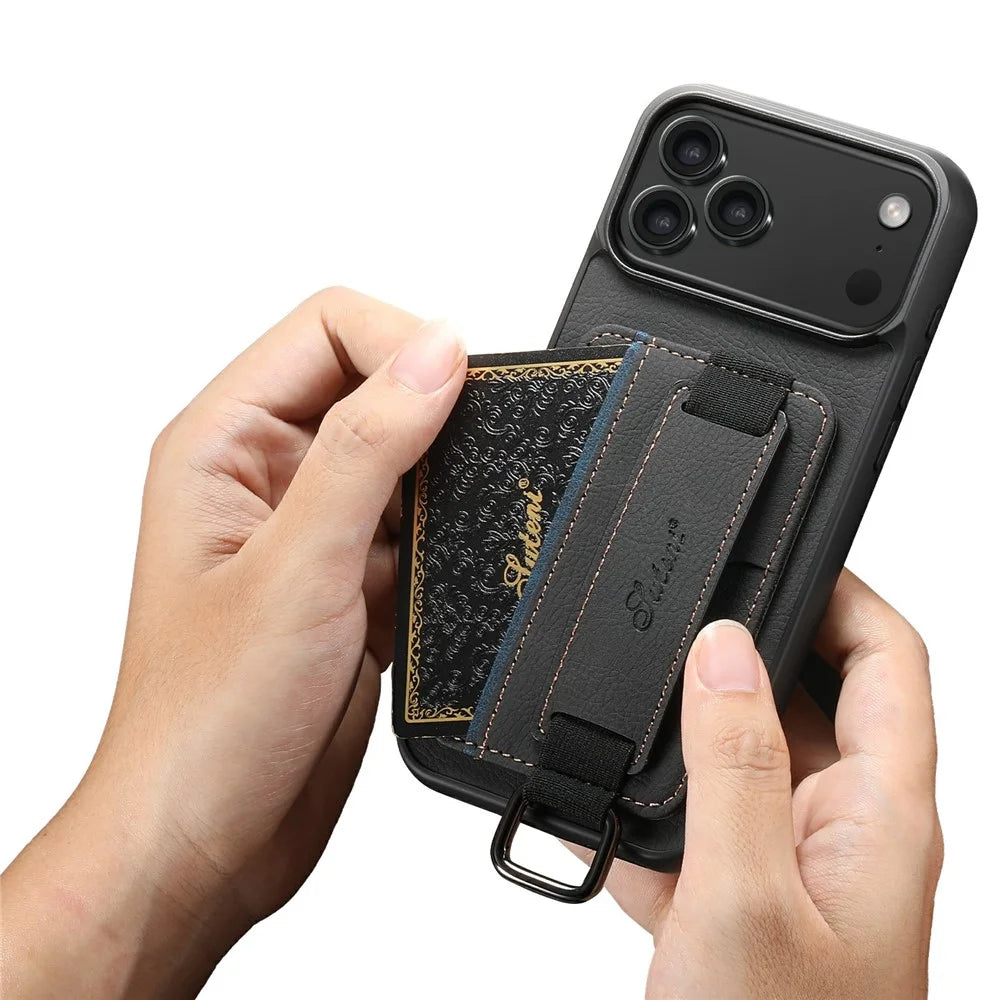 SUTENI H13 For iPhone 17 Pro Case Litchi Texture Leather + TPU + PC Phone Cover with Card Holder Kickstand - Black - 4