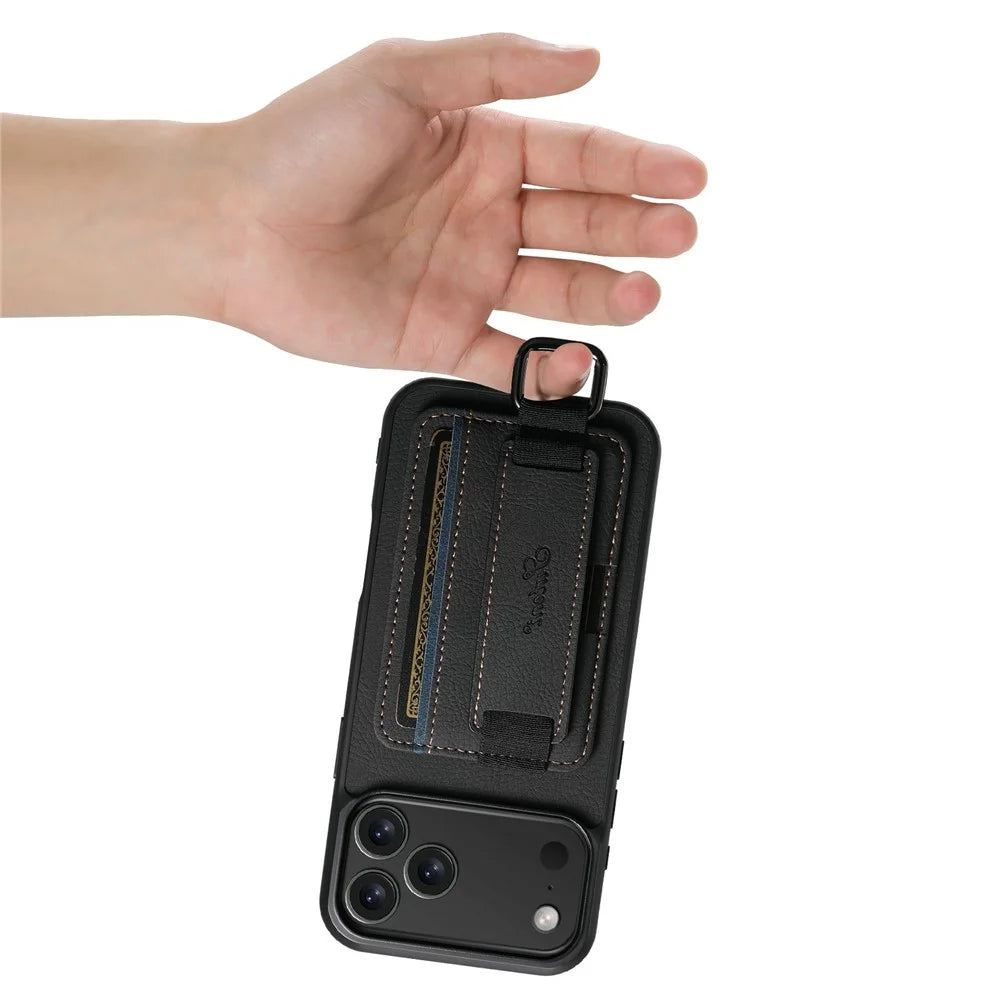 SUTENI H13 For iPhone 17 Pro Case Litchi Texture Leather + TPU + PC Phone Cover with Card Holder Kickstand - Black - 5