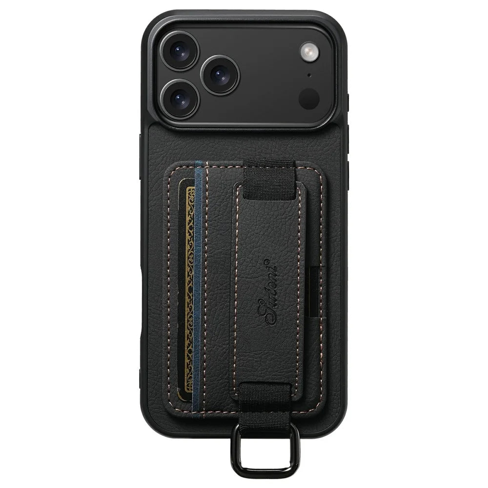 SUTENI H13 For iPhone 17 Pro Case Litchi Texture Leather + TPU + PC Phone Cover with Card Holder Kickstand - Black - 6