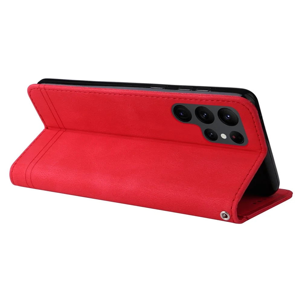 For Samsung Galaxy S23 Ultra Leather Wallet Cases Skin Touch Phone Cover Stand with Strap - Red - 4