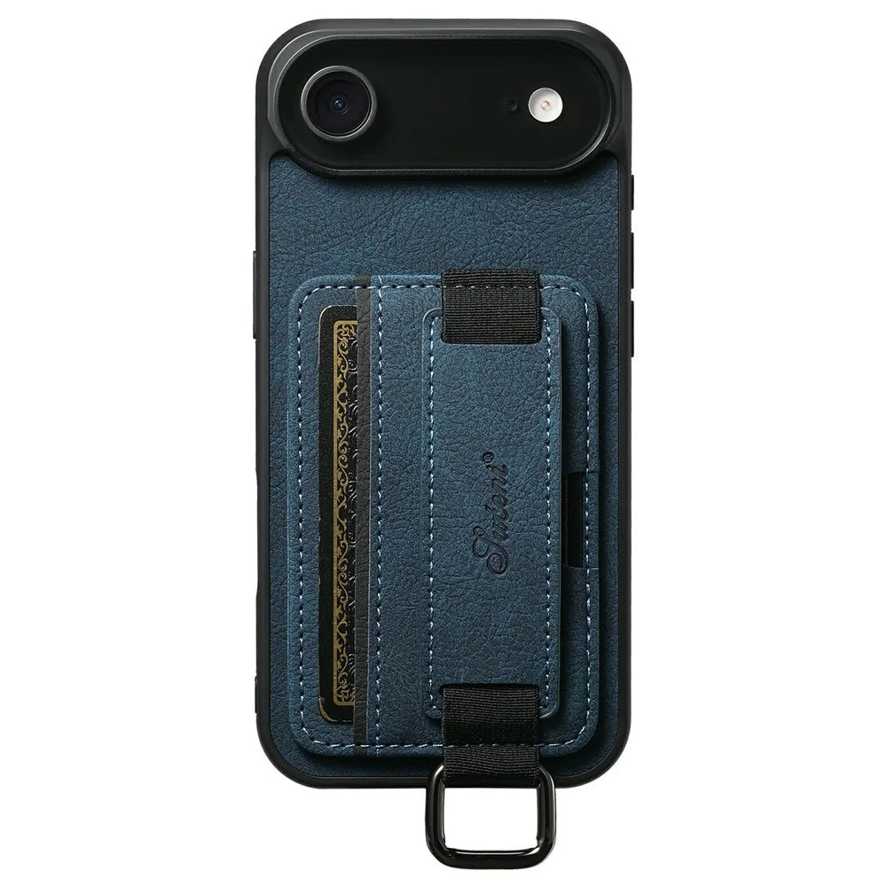 SUTENI H13 For iPhone Air Case Litchi Texture Leather + TPU + PC Phone Cover with Card Holder Kickstand - Blue - 1