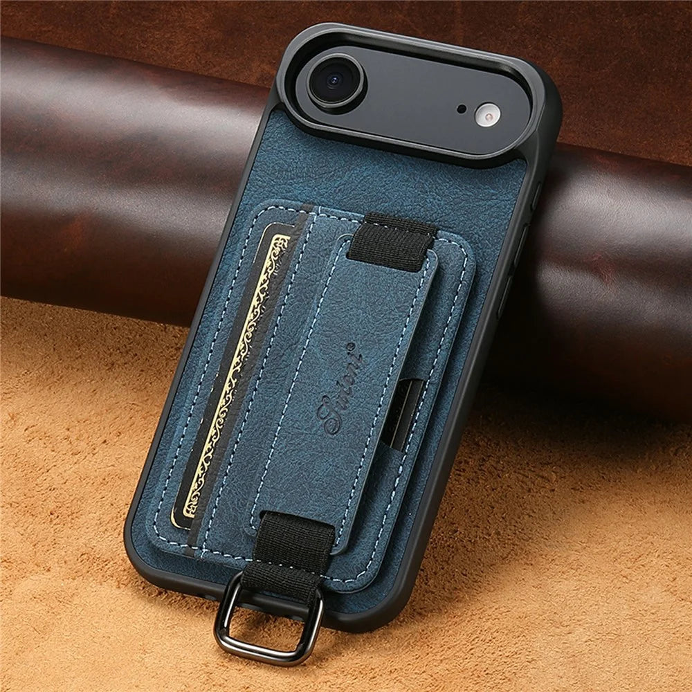 SUTENI H13 For iPhone Air Case Litchi Texture Leather + TPU + PC Phone Cover with Card Holder Kickstand - Blue - 5
