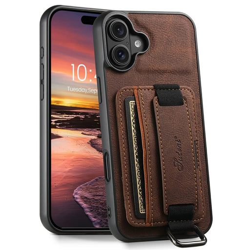 SUTENI H13 For iPhone 17 Case Litchi Texture Leather + TPU + PC Phone Cover with Card Holder Kickstand - Brown - 1