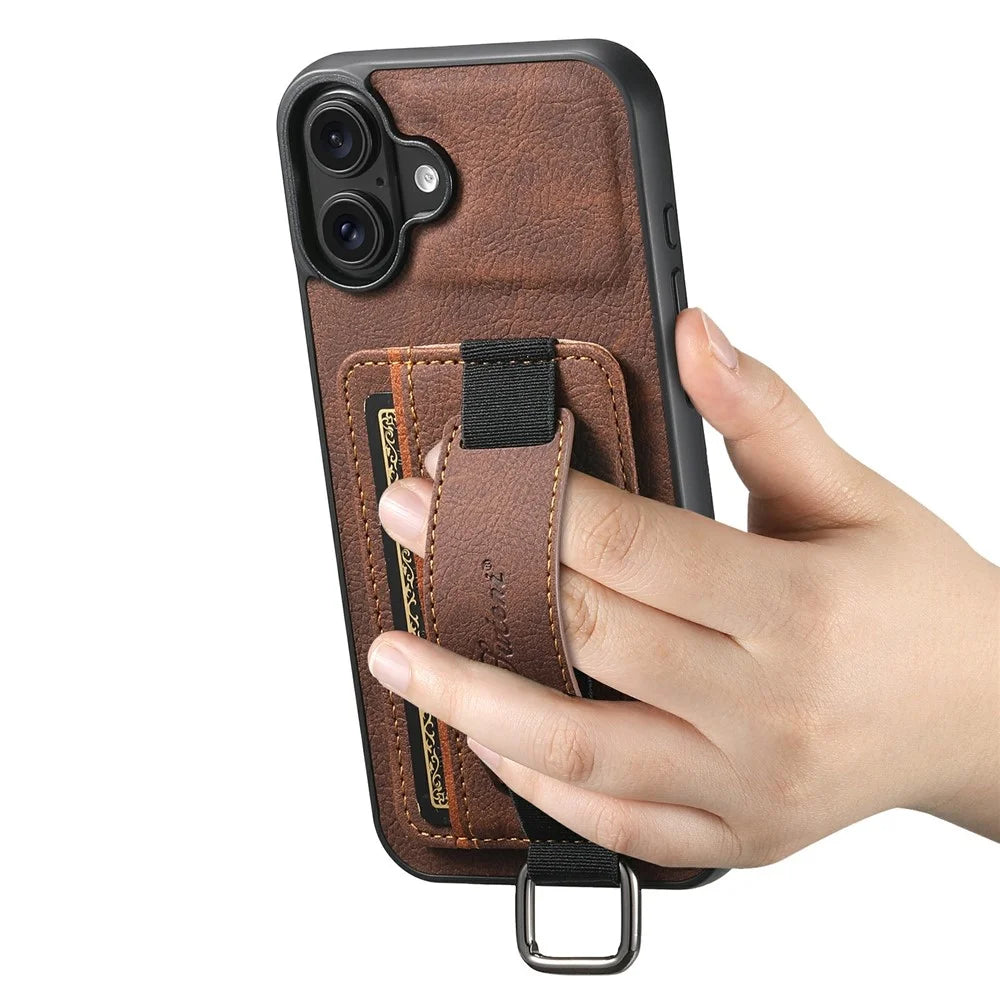 SUTENI H13 For iPhone 17 Case Litchi Texture Leather + TPU + PC Phone Cover with Card Holder Kickstand - Brown - 3