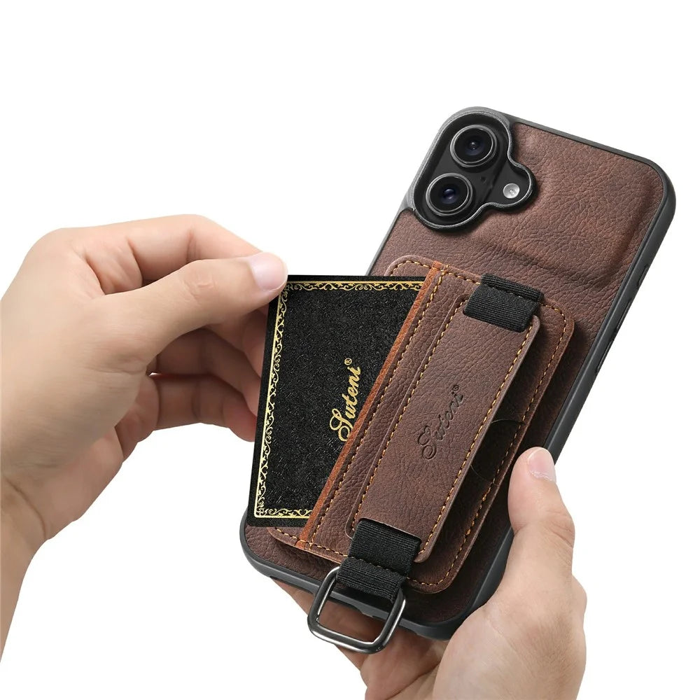SUTENI H13 For iPhone 17 Case Litchi Texture Leather + TPU + PC Phone Cover with Card Holder Kickstand - Brown - 5