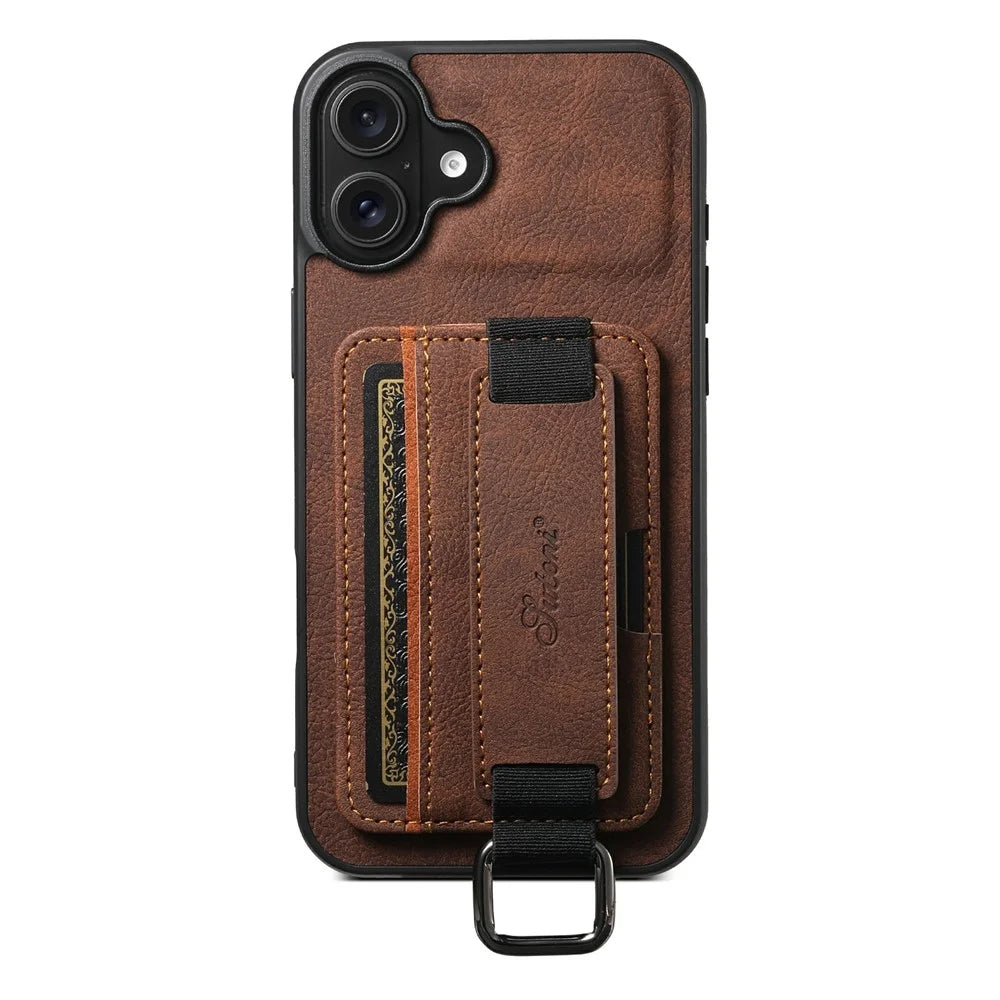 SUTENI H13 For iPhone 17 Case Litchi Texture Leather + TPU + PC Phone Cover with Card Holder Kickstand - Brown - 6
