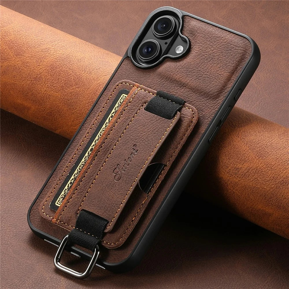SUTENI H13 For iPhone 17 Case Litchi Texture Leather + TPU + PC Phone Cover with Card Holder Kickstand - Brown - 7