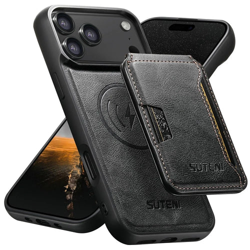 SUTENI M3 For iPhone 17 Pro Max Magnetic Case Cowhide Texture Leather Back Cover with Card Bag Kickstand - Black - 1