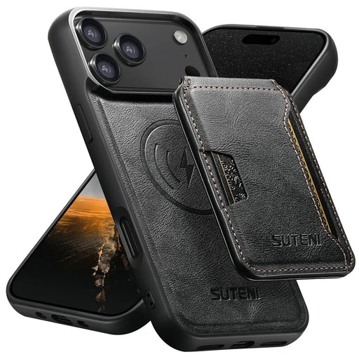 SUTENI M3 For iPhone 17 Pro Magnetic Case Cowhide Texture Leather Back Cover with Card Bag Kickstand - Black - 1