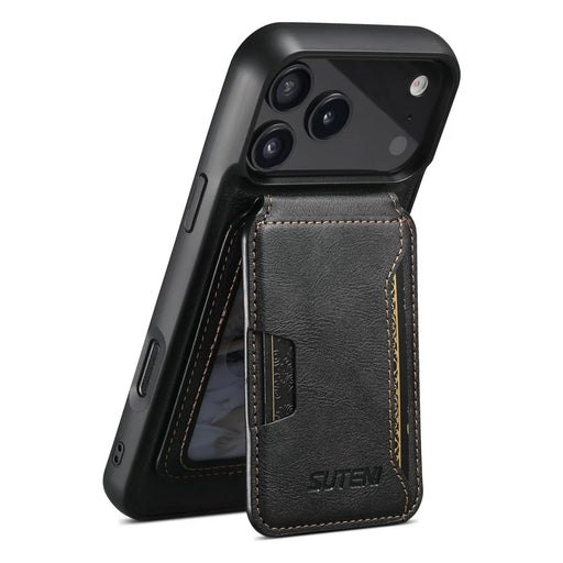 SUTENI M3 For iPhone 17 Pro Magnetic Case Cowhide Texture Leather Back Cover with Card Bag Kickstand - Black - 2