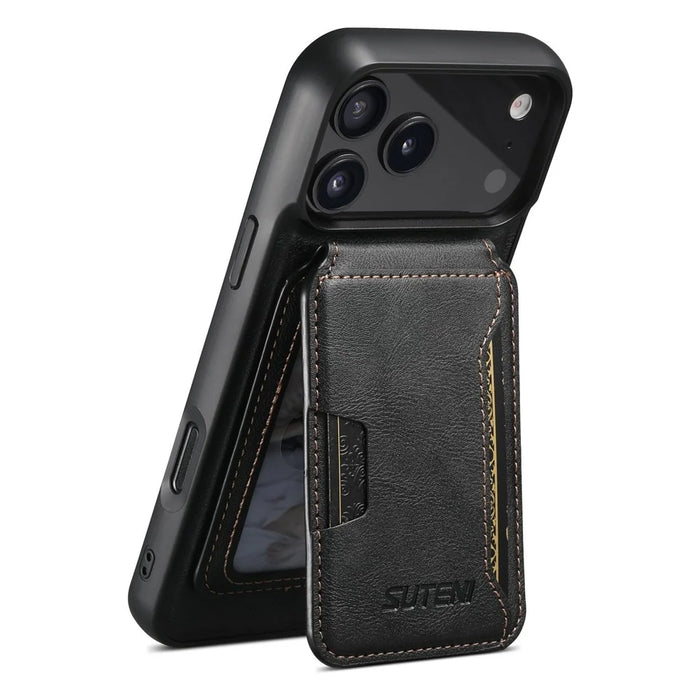 SUTENI M3 For iPhone 17 Pro Magnetic Case Cowhide Texture Leather Back Cover with Card Bag Kickstand - Black - 2