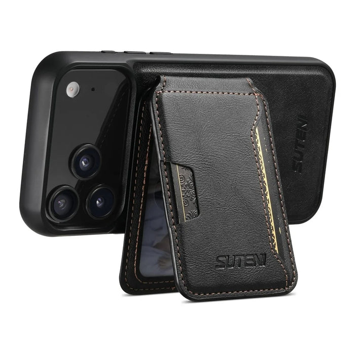 SUTENI M3 For iPhone 17 Pro Magnetic Case Cowhide Texture Leather Back Cover with Card Bag Kickstand - Black - 3