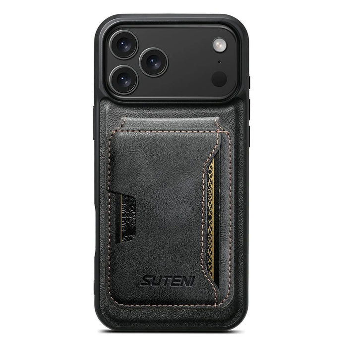 SUTENI M3 For iPhone 17 Pro Magnetic Case Cowhide Texture Leather Back Cover with Card Bag Kickstand - Black - 4