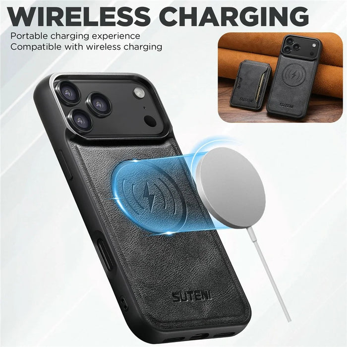 SUTENI M3 For iPhone 17 Pro Magnetic Case Cowhide Texture Leather Back Cover with Card Bag Kickstand - Black - 5