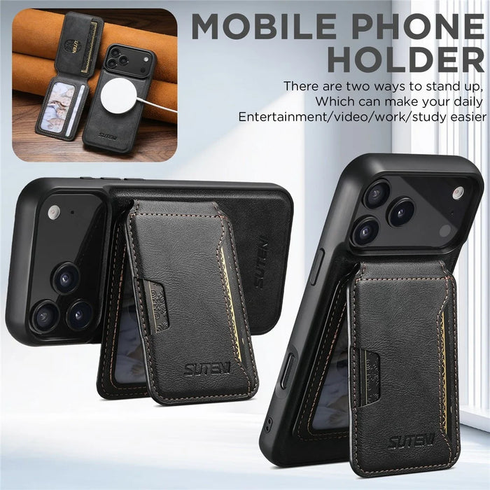 SUTENI M3 For iPhone 17 Pro Magnetic Case Cowhide Texture Leather Back Cover with Card Bag Kickstand - Black - 7