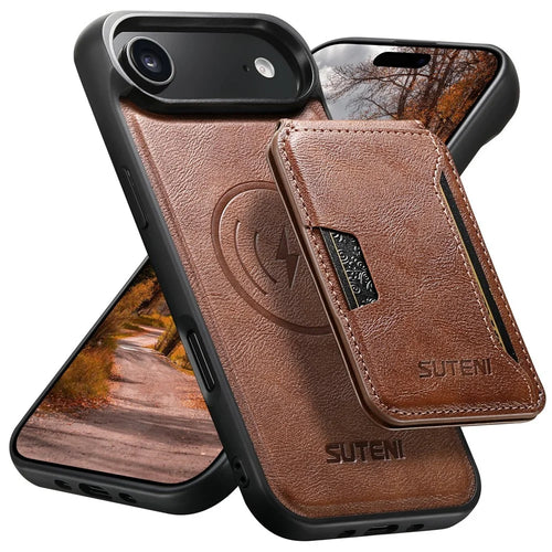 SUTENI M3 For iPhone Air Magnetic Case Cowhide Texture Leather Back Cover with Card Bag Kickstand - Brown - 1