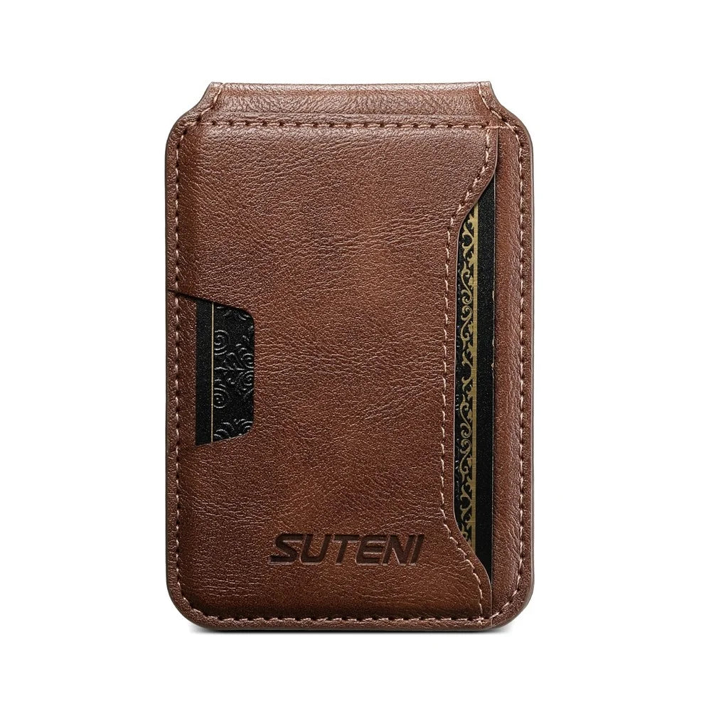 SUTENI M3 For iPhone Air Magnetic Case Cowhide Texture Leather Back Cover with Card Bag Kickstand - Brown - 3