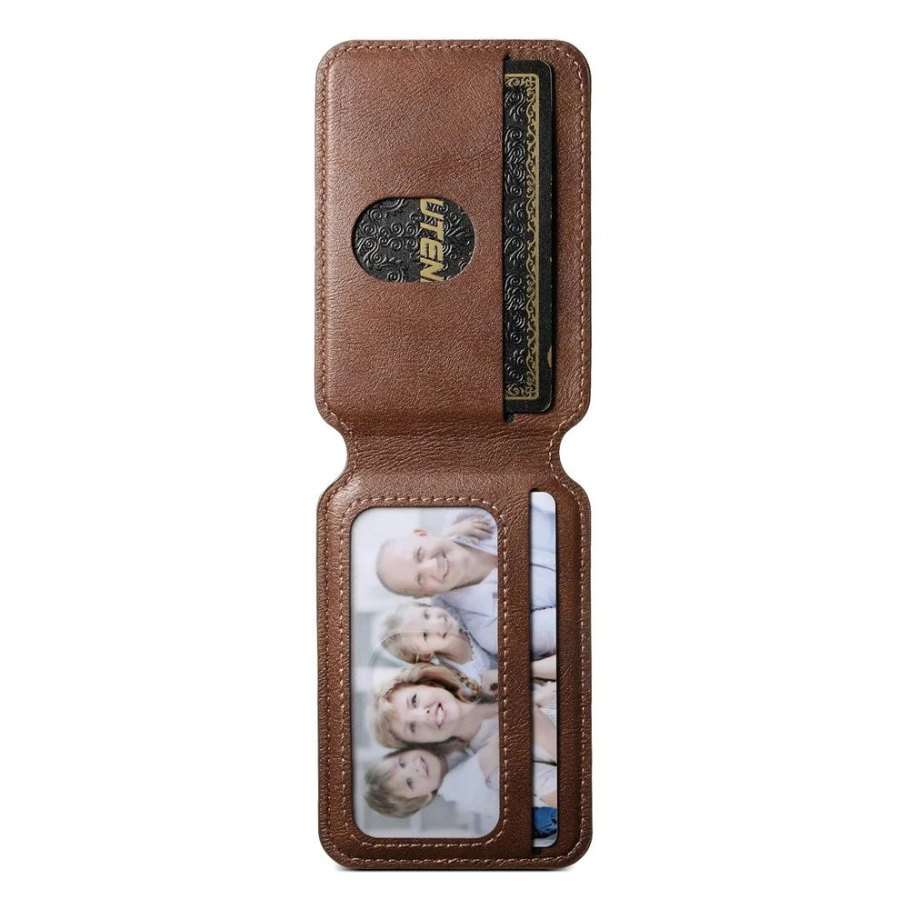 SUTENI M3 For iPhone Air Magnetic Case Cowhide Texture Leather Back Cover with Card Bag Kickstand - Brown - 5