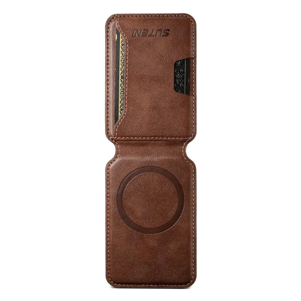 SUTENI M3 For iPhone Air Magnetic Case Cowhide Texture Leather Back Cover with Card Bag Kickstand - Brown - 6