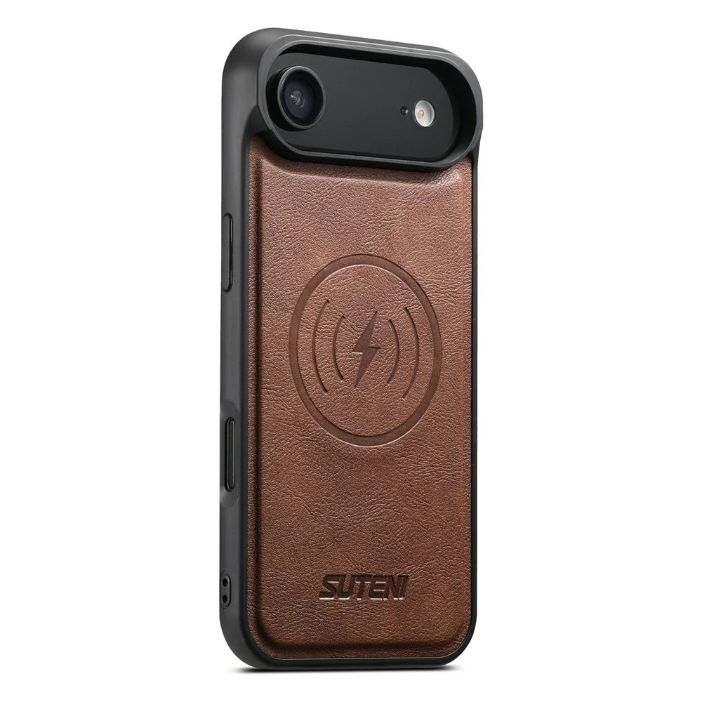 SUTENI M3 For iPhone Air Magnetic Case Cowhide Texture Leather Back Cover with Card Bag Kickstand - Brown - 7