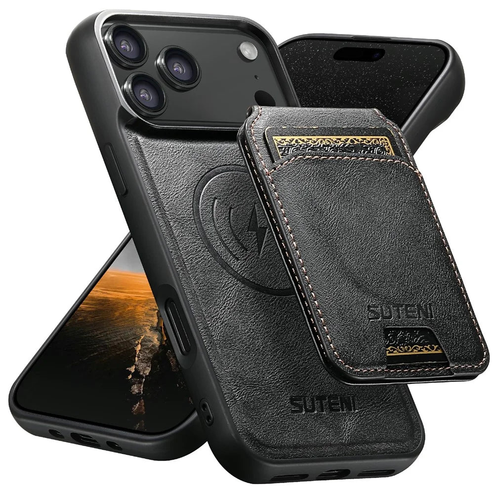 SUTENI M5 For iPhone 17 Pro Max Magnetic Case with Card Bag Cowhide Texture Leather Phone Back Cover - Black - 1