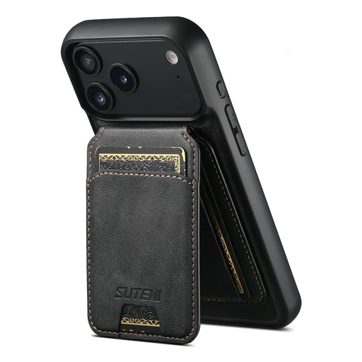 SUTENI M5 For iPhone 17 Pro Max Magnetic Case with Card Bag Cowhide Texture Leather Phone Back Cover - Black - 2