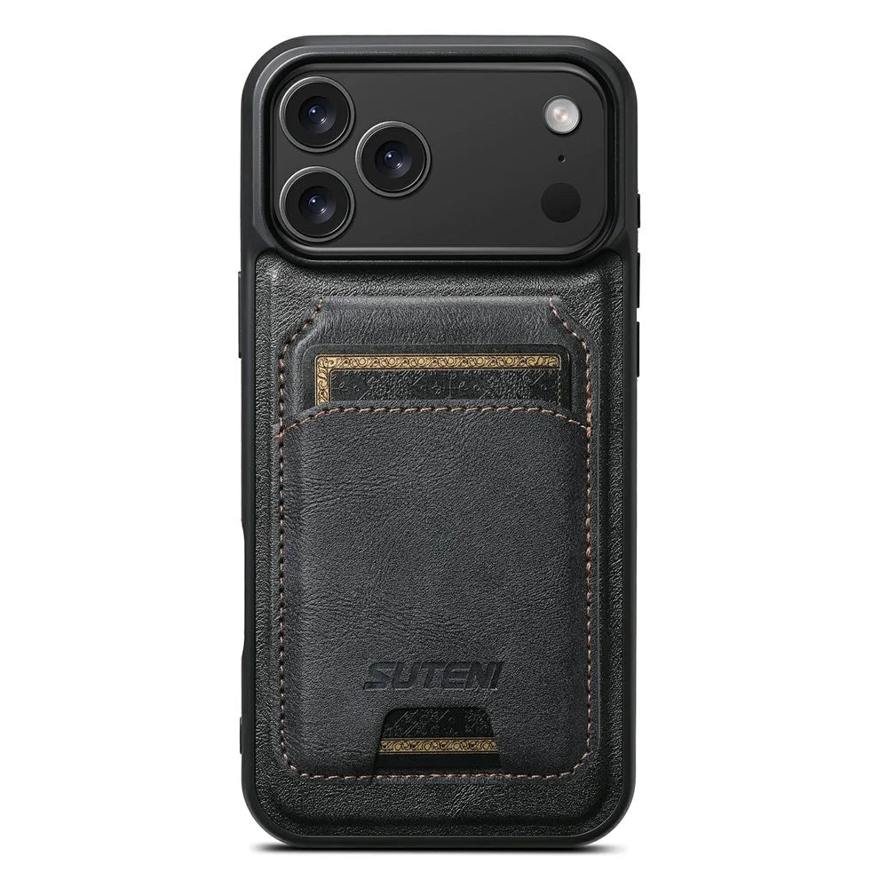 SUTENI M5 For iPhone 17 Pro Max Magnetic Case with Card Bag Cowhide Texture Leather Phone Back Cover - Black - 4