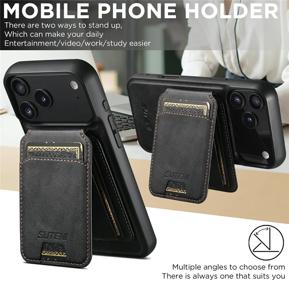 SUTENI M5 For iPhone 17 Pro Max Magnetic Case with Card Bag Cowhide Texture Leather Phone Back Cover - Black - 5