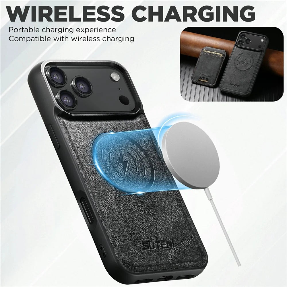 SUTENI M5 For iPhone 17 Pro Max Magnetic Case with Card Bag Cowhide Texture Leather Phone Back Cover - Black - 6