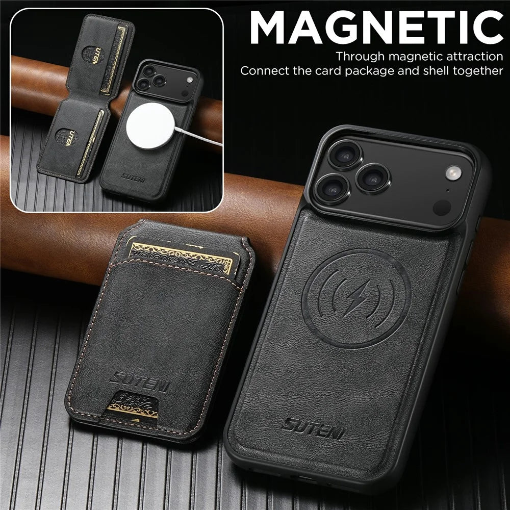 SUTENI M5 For iPhone 17 Pro Max Magnetic Case with Card Bag Cowhide Texture Leather Phone Back Cover - Black - 7