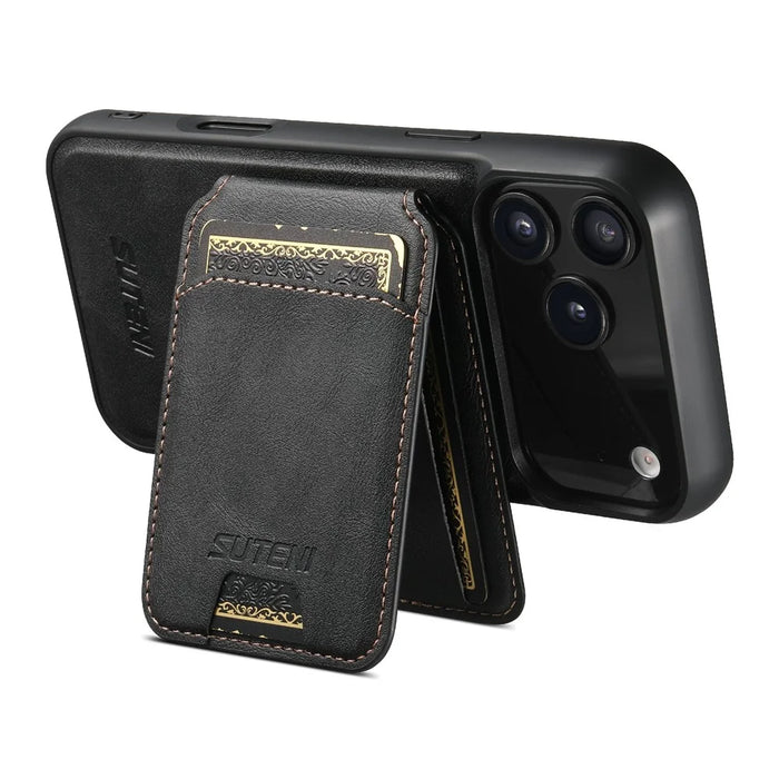 SUTENI M5 For iPhone 17 Pro Magnetic Case with Card Bag Cowhide Texture Leather Phone Back Cover - Black - 3