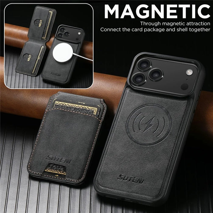 SUTENI M5 For iPhone 17 Pro Magnetic Case with Card Bag Cowhide Texture Leather Phone Back Cover - Black - 7