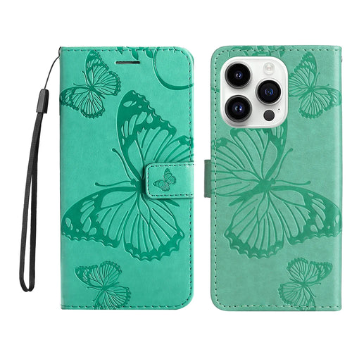 For iPhone 15 Pro Wallet Case Floral Butterfly Imprinted Leather Phone Cover Stand -  Green - 1
