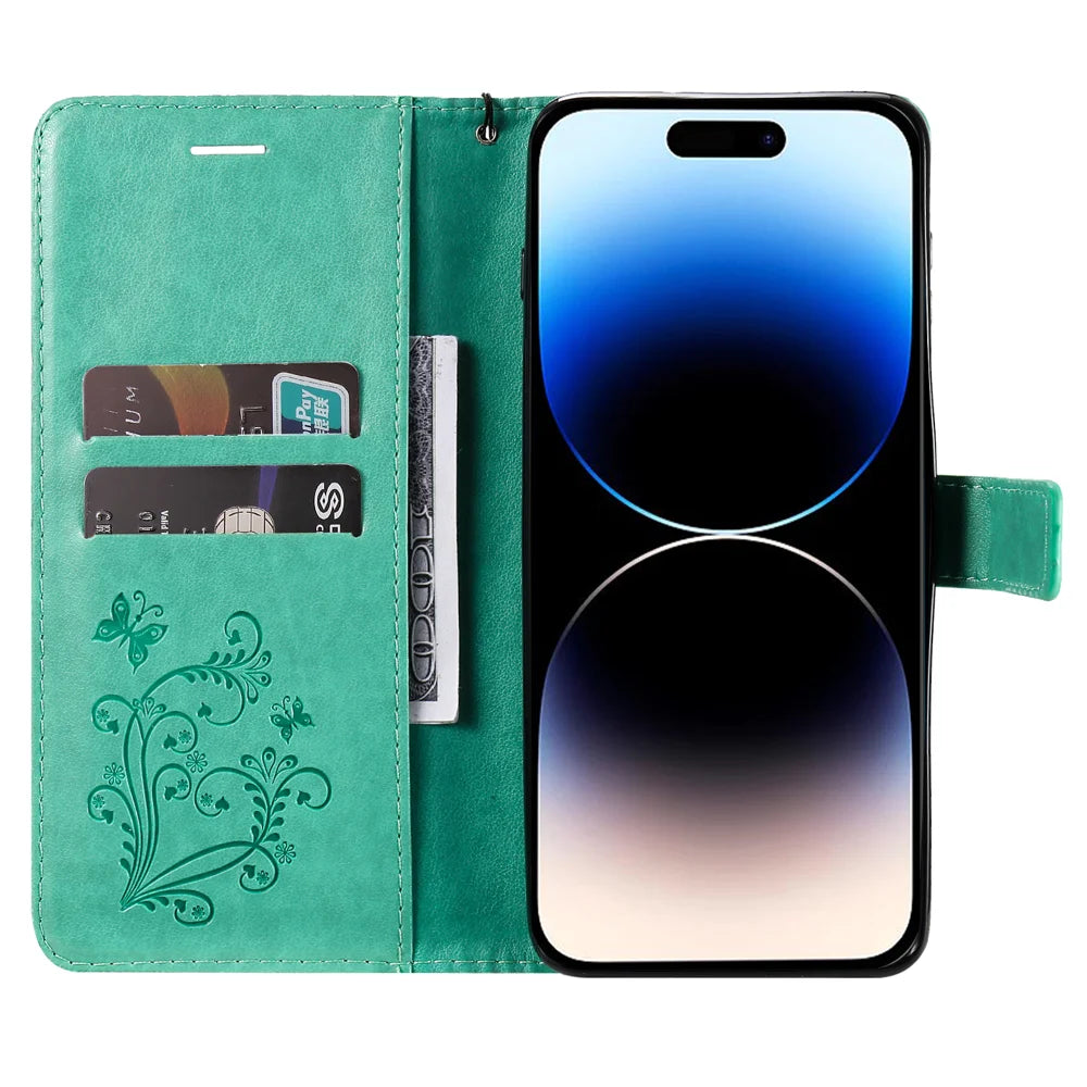 For iPhone 15 Pro Wallet Case Floral Butterfly Imprinted Leather Phone Cover Stand -  Green - 2