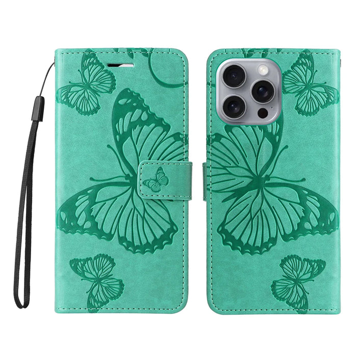 For iPhone 16 Pro Max Wallet Case Floral Butterfly Imprinted Leather Phone Cover Stand -  Green - 1