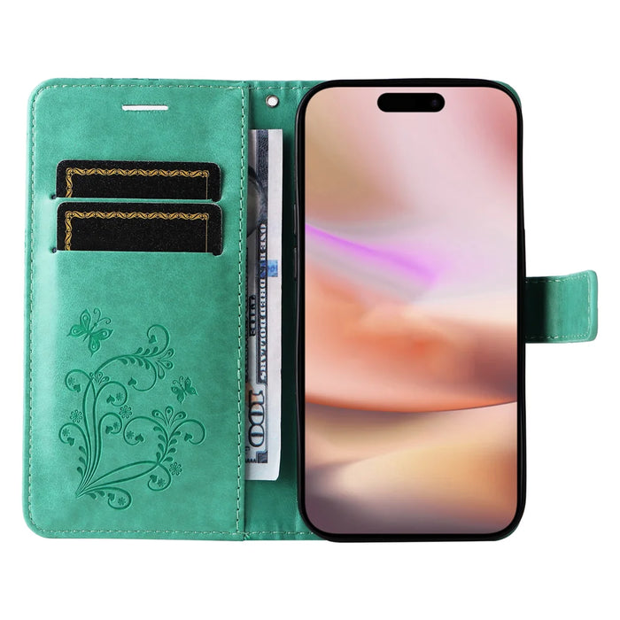 For iPhone 16 Plus Wallet Case Floral Butterfly Imprinted Leather Phone Cover Stand -  Green - 2