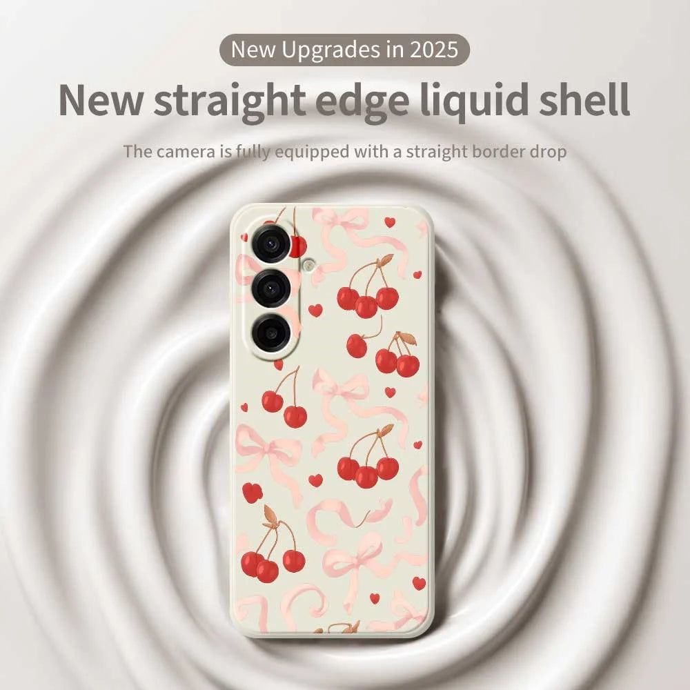 For Samsung Galaxy A18 5G / A18 4G / A17 5G / A17 4G Case Big Bow Cherry Pattern Printing Straight Edge TPU Phone Back Cover - Beige - 2