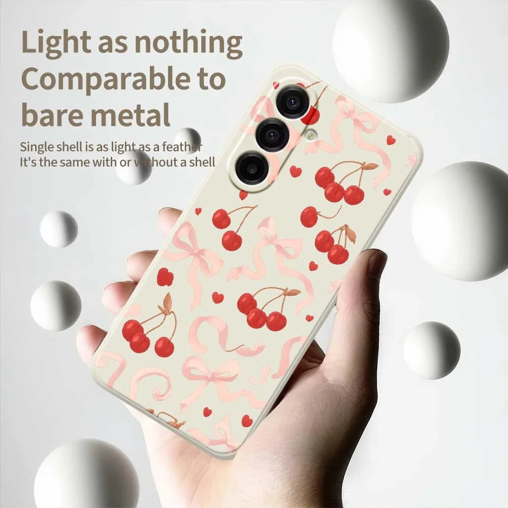 For Samsung Galaxy A18 5G / A18 4G / A17 5G / A17 4G Case Big Bow Cherry Pattern Printing Straight Edge TPU Phone Back Cover - Beige - 3