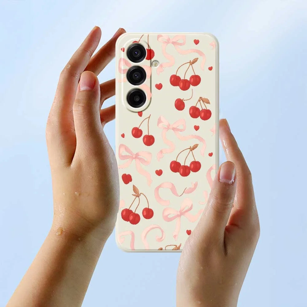 For Samsung Galaxy A18 5G / A18 4G / A17 5G / A17 4G Case Big Bow Cherry Pattern Printing Straight Edge TPU Phone Back Cover - Beige - 4