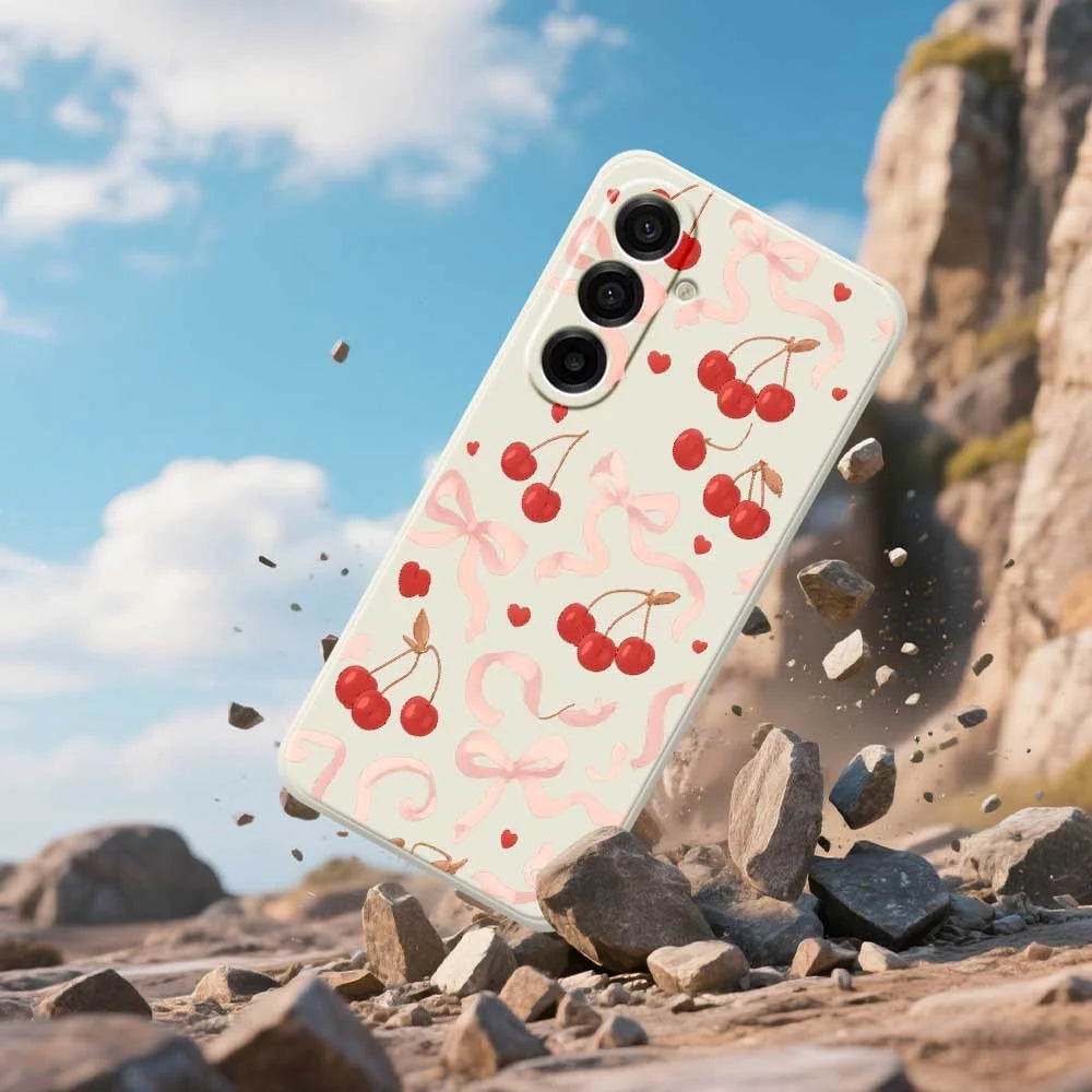 For Samsung Galaxy A18 5G / A18 4G / A17 5G / A17 4G Case Big Bow Cherry Pattern Printing Straight Edge TPU Phone Back Cover - Beige - 5