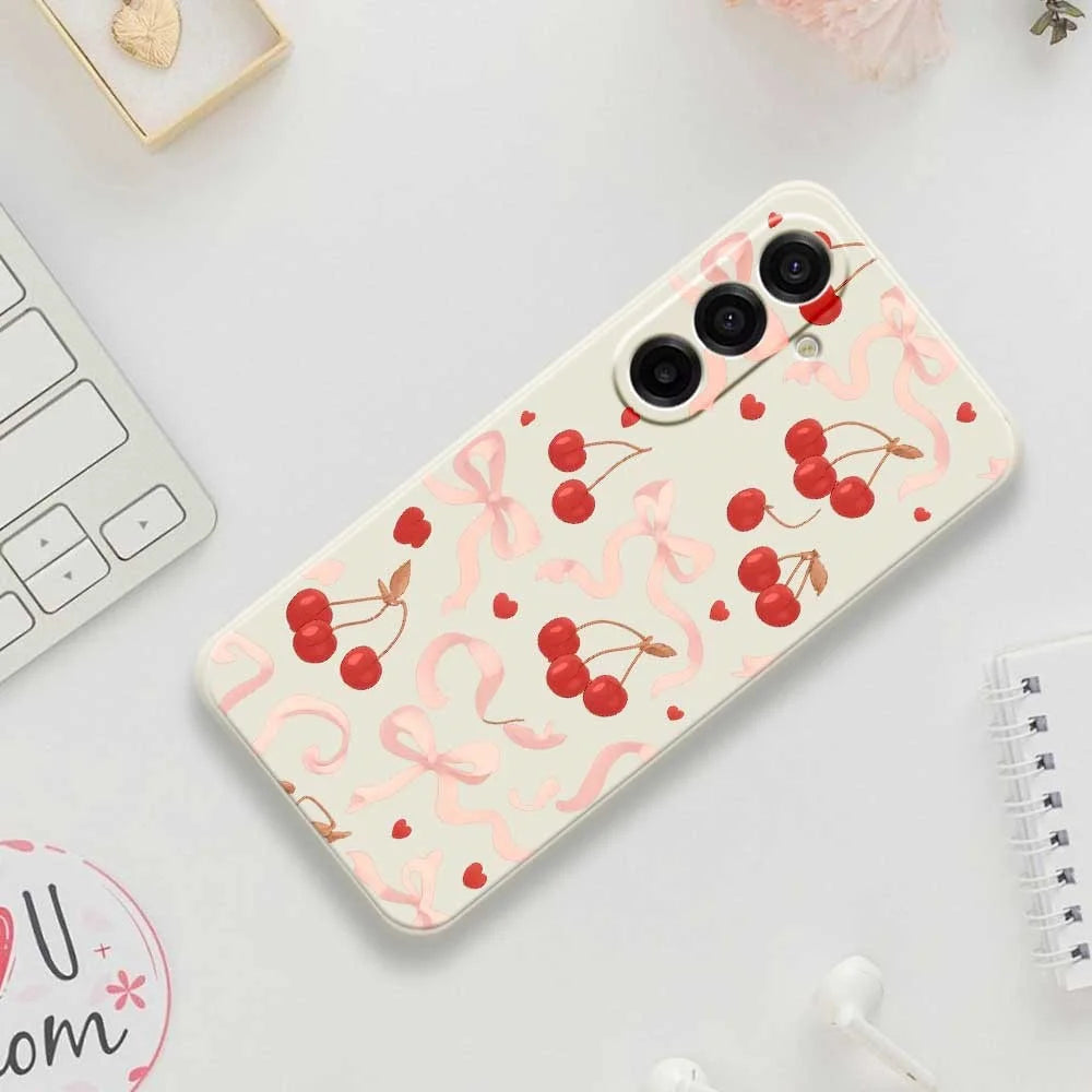 For Samsung Galaxy A18 5G / A18 4G / A17 5G / A17 4G Case Big Bow Cherry Pattern Printing Straight Edge TPU Phone Back Cover - Beige - 6