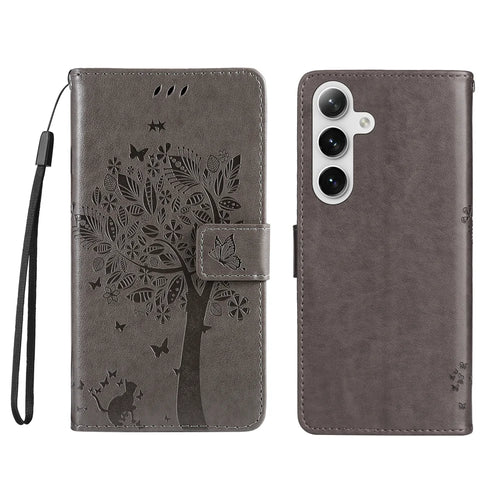 For Samsung Galaxy S25 / Galaxy S24 Phone Case with Stand Cat Tree Pattern Leather Wallet Mobile Cover - Grey - 1