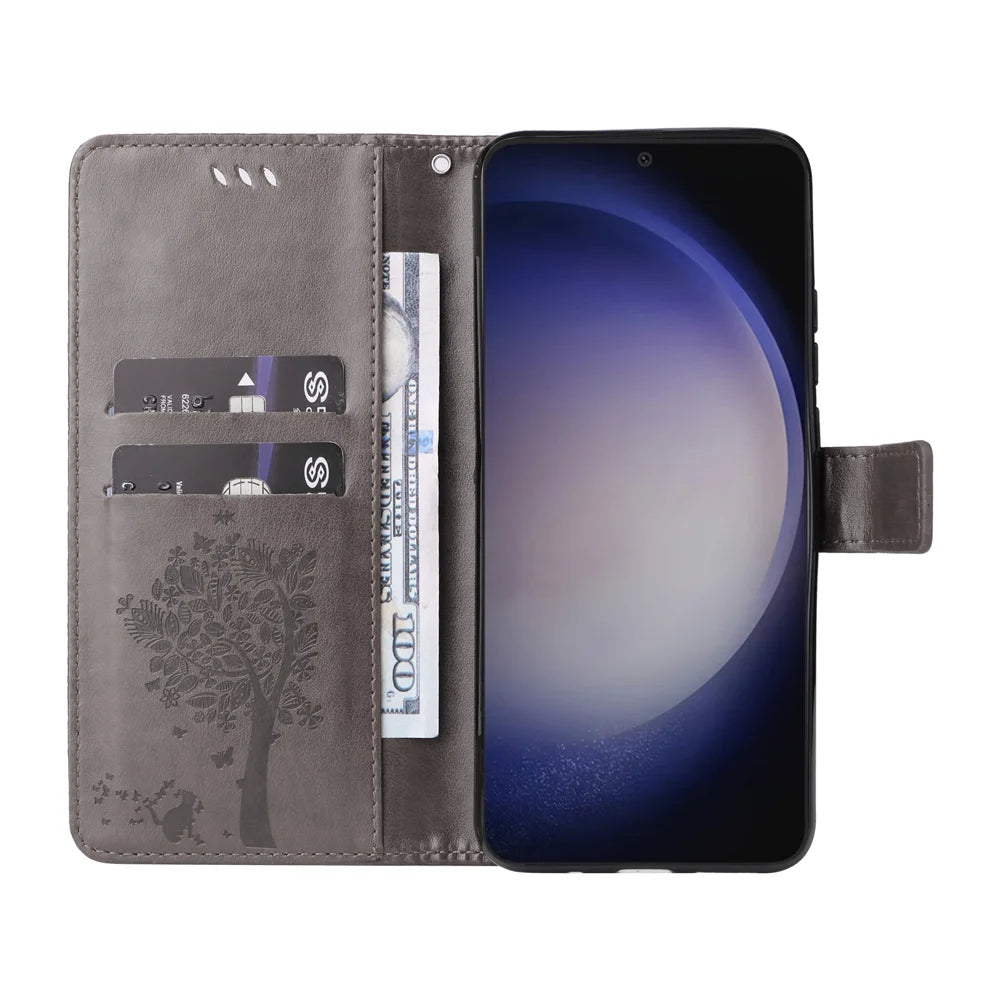 For Samsung Galaxy S25 / Galaxy S24 Phone Case with Stand Cat Tree Pattern Leather Wallet Mobile Cover - Grey - 2